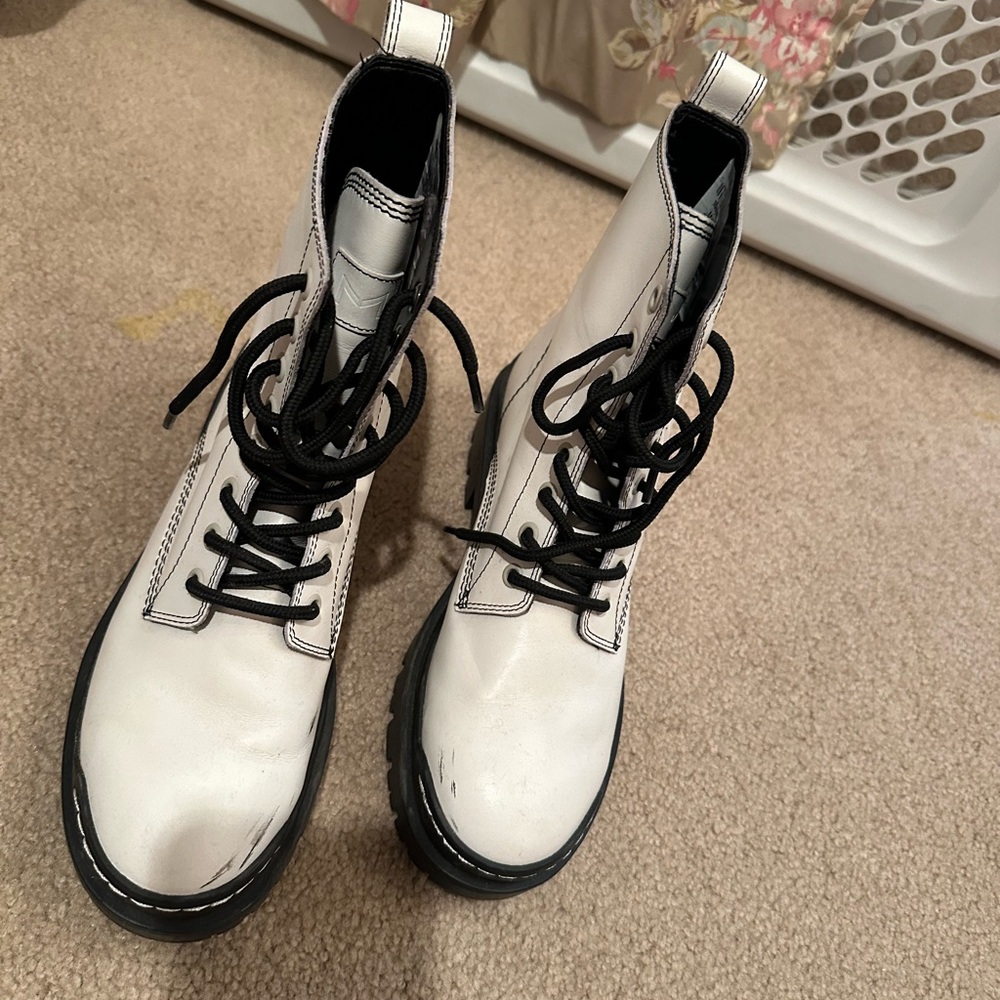 Marc Fisher White and Black Combat Boots with Chunky Sole